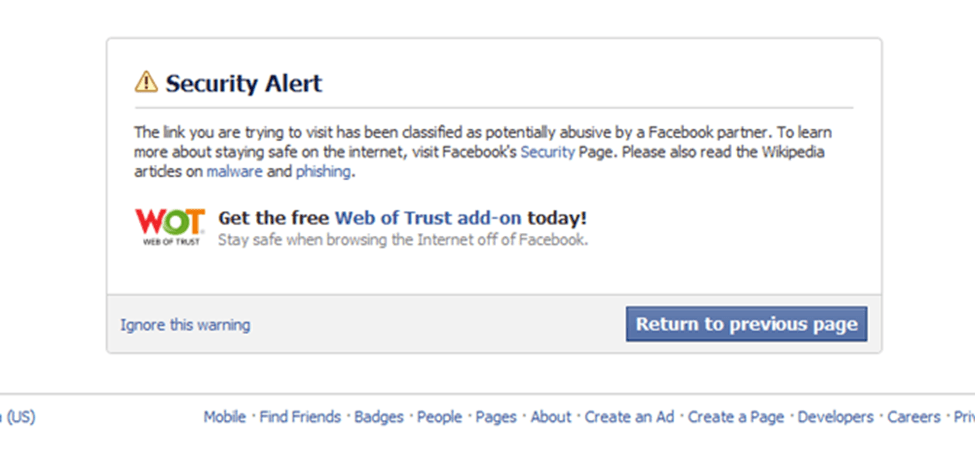 Users regularly receive this "Security Alert" when they click articles VacTruth.com posts on Facebook.