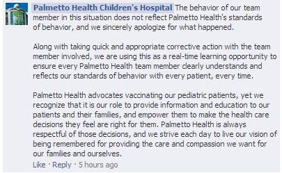 A snapshot of the Facebook page where Palmetto Health Children's Hospital apologizes for the behavior of one of their nurses. (Taken November 5th, 2013)
